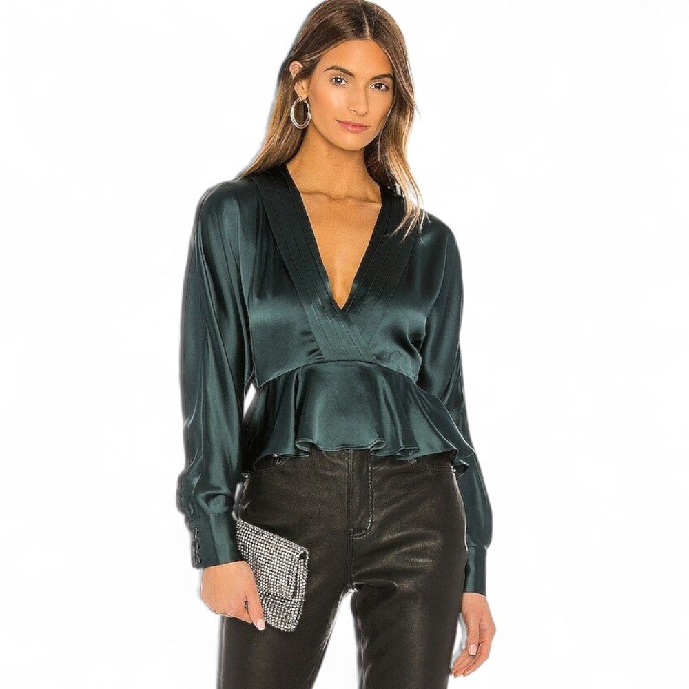 NBD Satin Wrap Peplum Blouse Evergreen‎ Holiday Party Top - Bronson Sz S